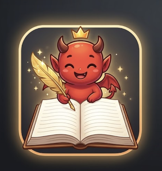 Inkubus, the writing demon mascot, looking delighted